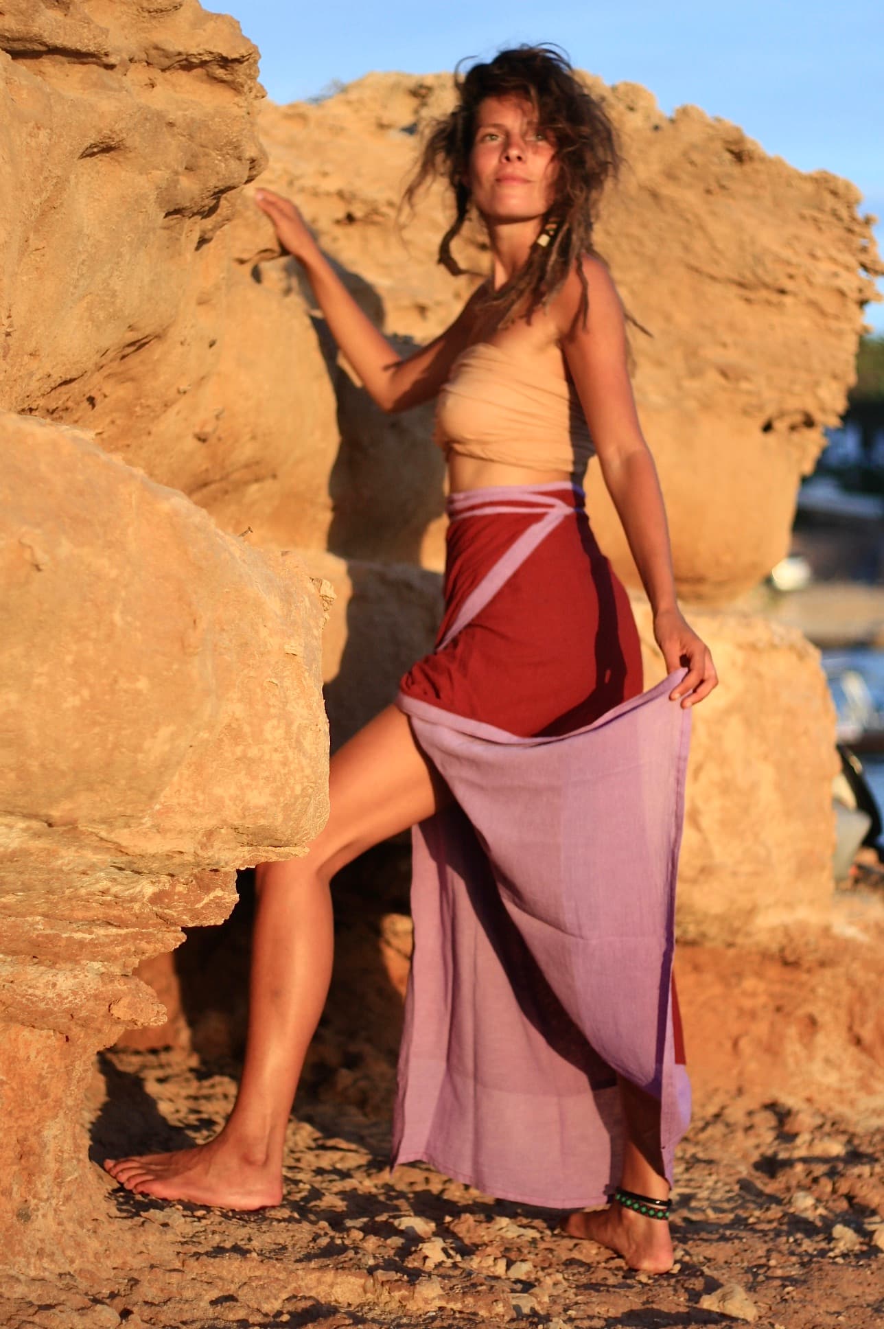 Double sided long wrap skirt lilac - bordeaux red