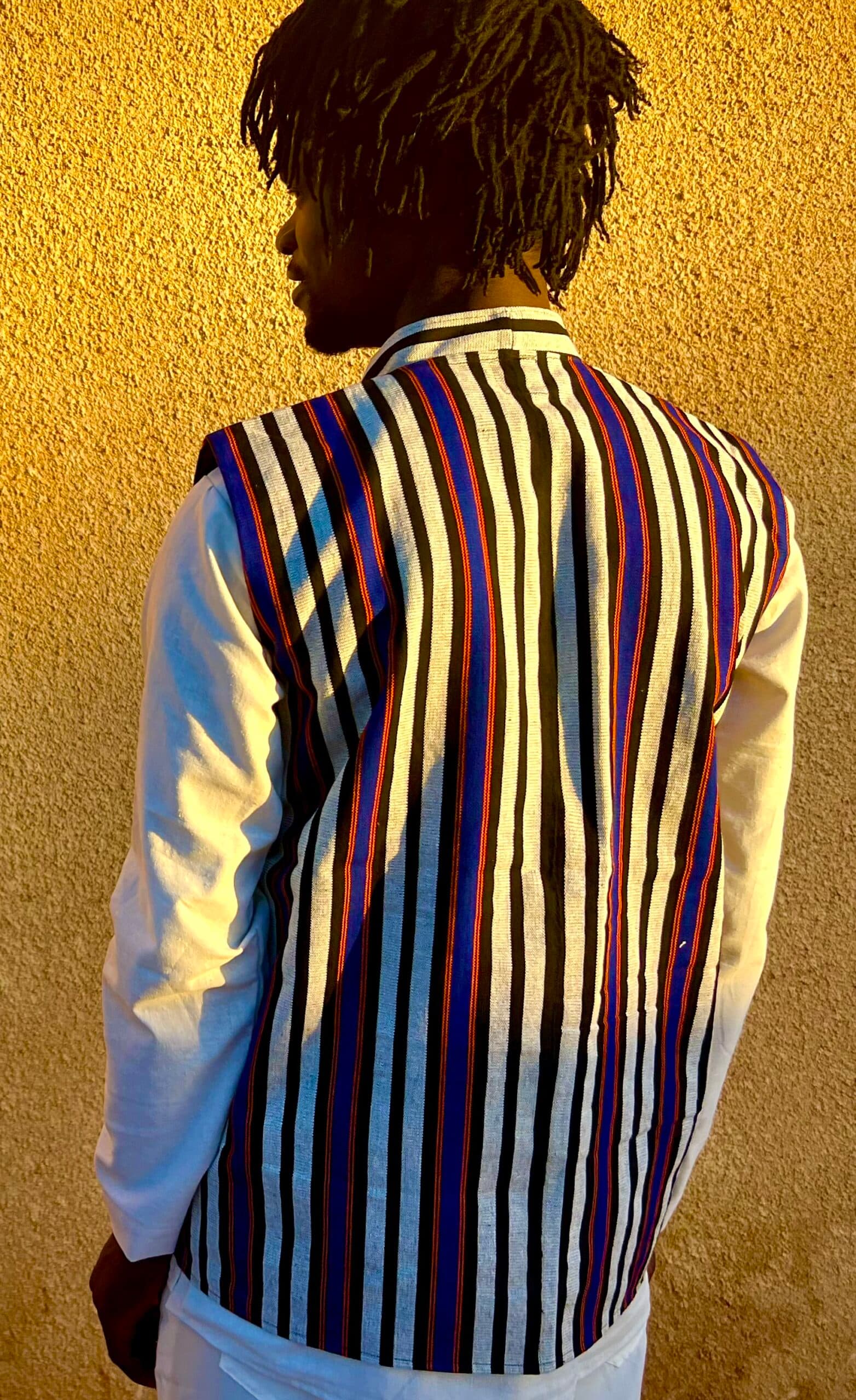 Handwoven Burkina Gilet White Blue and Red